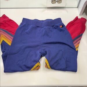 Aviator Nation Kids Joggers in Blue and Red with Rainbow Stripes